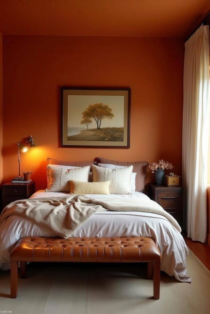 Burnt Orange Bedroom Color Combinations: The Best Shades to Pair for a Stylish Retreat 15 Earthy bedroom with neutral tones, framed tree art, and rich burnt orange bedroom color combinations.
