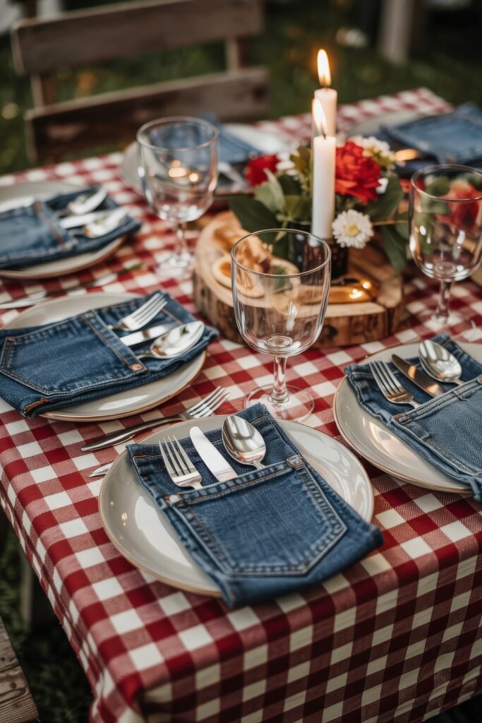Patriotic 4th of July Table Décor & Centerpieces 17 Cozy outdoor dinner table with red checkered tablecloth, denim utensil holders, white dinnerware, and a wood centerpiece with flowers and candlelight.