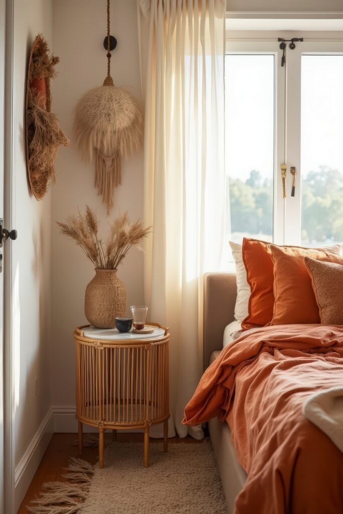 Cozy Burnt Orange Boho Bedroom Design Guide 15 Softly lit burnt orange boho bedroom corner with natural textures and cozy pillows near sheer curtains