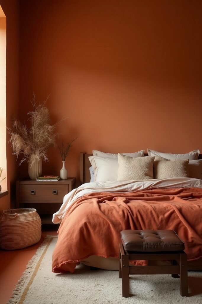 Burnt Orange Bedroom Color Combinations: The Best Shades to Pair for a Stylish Retreat 16 Burnt orange bedroom color combinations with soft cream pillows and cozy layered bedding.