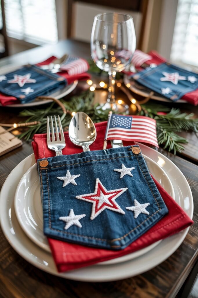 Patriotic 4th of July Table Décor & Centerpieces 18 Patriotic place setting with denim pocket silverware holder embroidered with stars, red napkin, and mini American flag, surrounded by string lights and pine greenery.