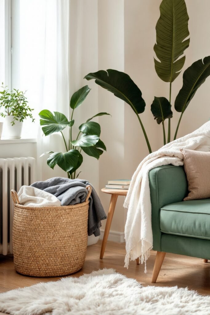 Beige and Green Living Room: Color Pairing Tips & Inspiration 15 Cozy corner in a beige and green living room with a soft green sofa and woven basket of blankets.