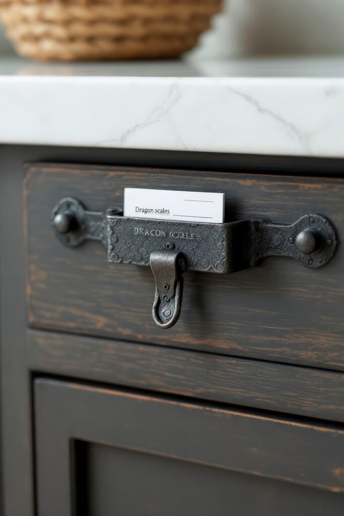 Dark Academia Kitchen Cabinets: Shades & Hardware for a Vintage Aesthetic 12 A black cabinet drawer labeled "Dragon scales" with aged metal hardware evokes a whimsical Dark Academia touch.