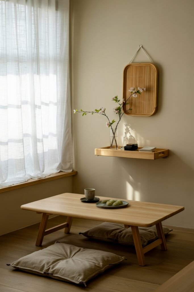 Japanese Breakfast Nook Ideas: Tea Ceremony Style for Tiny Kitchens 18 Softly lit Japanese Breakfast Nook with matcha sweets and tea beside a blooming branch.