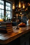 DIY Dark Academia Kitchen Decor: Affordable Tips & Tricks to Transform Your Space Stacked books and glowing candles on a wood countertop with Edison bulbs, creating a moody Dark Academia Kitchen Decor.