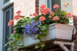 A white window box filled with vibrant pink geraniums and delicate purple flowers, mounted on a brick wall and supported by a rustic wooden frame, showcasing a charming example of Window box flowers.