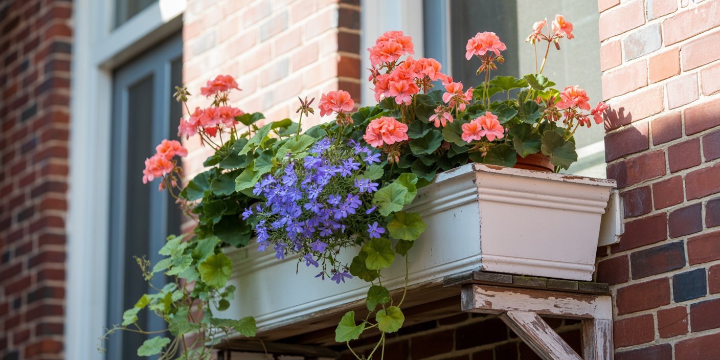 A white window box filled with vibrant pink geraniums and delicate purple flowers, mounted on a brick wall and supported by a rustic wooden frame, showcasing a charming example of Window box flowers.