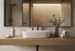 Minimalist bathroom vanity with a floating wooden countertop, white ceramic sink, black matte fixtures, rolled beige towels, a glass vase with eucalyptus, and a large mirror reflecting a modern shower, embodying Neutral & White Bathroom Themes.