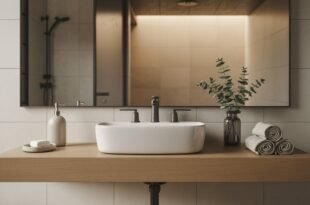 Minimalist bathroom vanity with a floating wooden countertop, white ceramic sink, black matte fixtures, rolled beige towels, a glass vase with eucalyptus, and a large mirror reflecting a modern shower, embodying Neutral & White Bathroom Themes.
