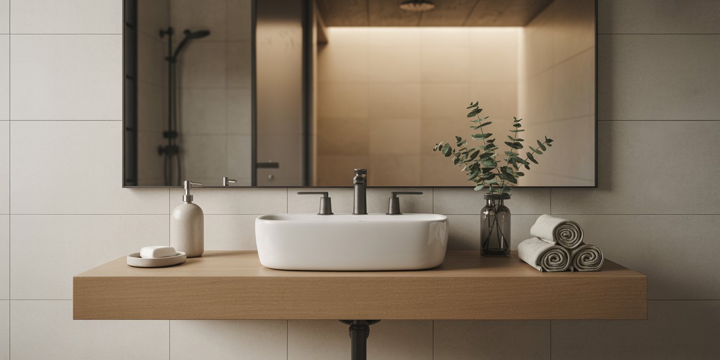 Minimalist bathroom vanity with a floating wooden countertop, white ceramic sink, black matte fixtures, rolled beige towels, a glass vase with eucalyptus, and a large mirror reflecting a modern shower, embodying Neutral & White Bathroom Themes.