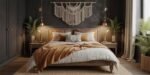 Earth-toned bedroom with a Bohemian style, featuring a rustic wooden bed with layered pillows, a burnt orange throw, macrame wall hanging, pendant lights, and potted plants on each side.