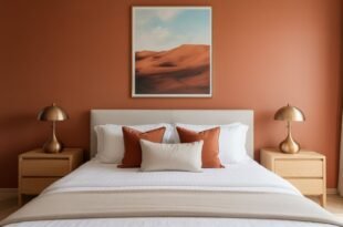 Minimalist bedroom with a terracotta accent wall, desert landscape artwork, and a white bed with rust and cream pillows, flanked by matching wooden nightstands and brass lamps, showcasing Terracotta Bedroom Ideas.