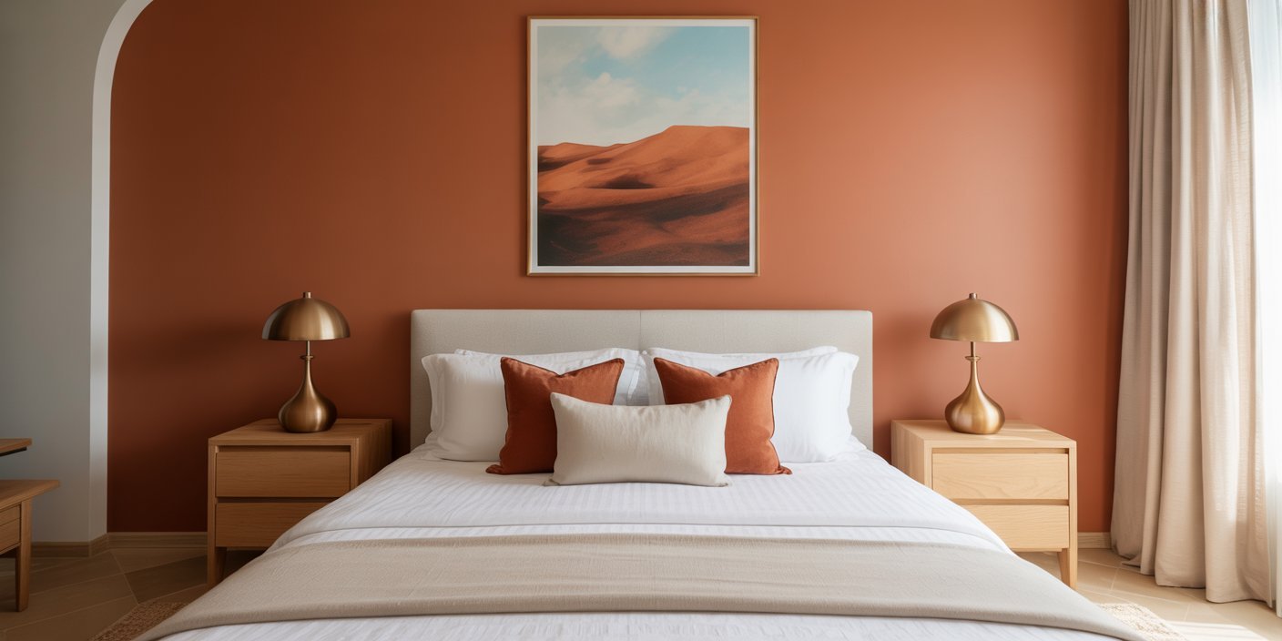 Minimalist bedroom with a terracotta accent wall, desert landscape artwork, and a white bed with rust and cream pillows, flanked by matching wooden nightstands and brass lamps, showcasing Terracotta Bedroom Ideas.