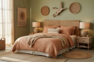 Cozy Bohemian bedroom with earthy tones, featuring a rattan headboard, terracotta bedding, natural fiber rugs, and woven wall decor against a sage green wall.