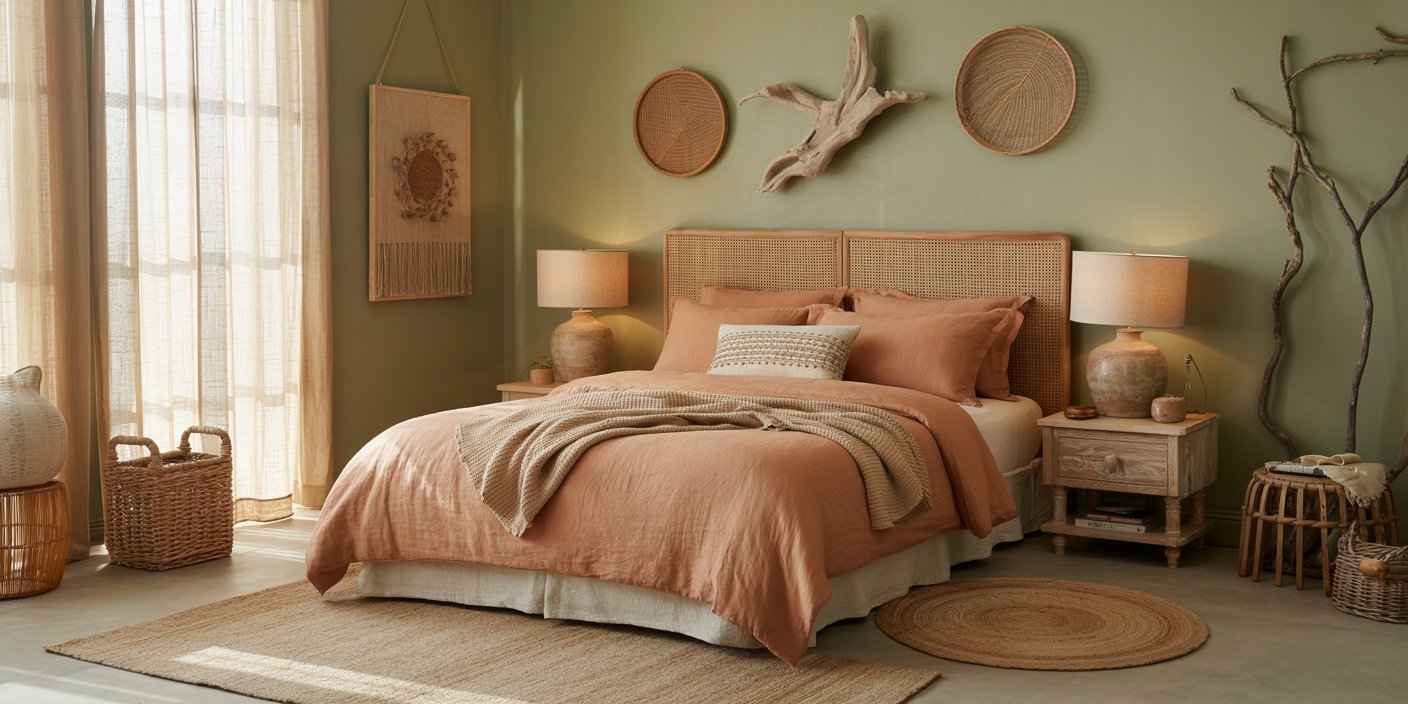 Cozy Bohemian bedroom with earthy tones, featuring a rattan headboard, terracotta bedding, natural fiber rugs, and woven wall decor against a sage green wall.