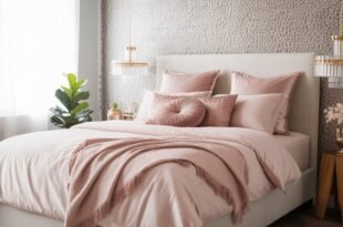 Elegant bedroom with a soft blush color palette, featuring a cream upholstered bed with plush pink bedding, gold-accented crystal pendant lights, and textured wallpaper, reflecting Glam Bedroom Décor.