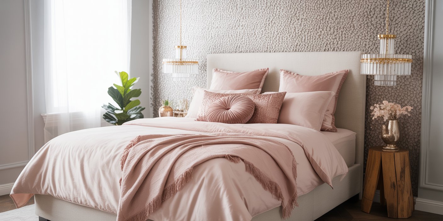 Elegant bedroom with a soft blush color palette, featuring a cream upholstered bed with plush pink bedding, gold-accented crystal pendant lights, and textured wallpaper, reflecting Glam Bedroom Décor.