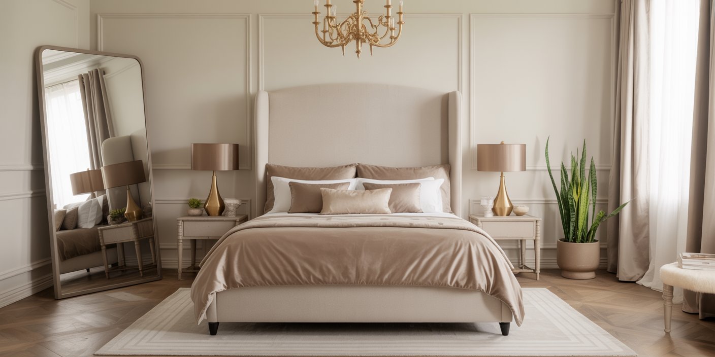 Elegant bedroom with a tall upholstered headboard, beige and taupe bedding, gold accents, twin bedside tables with matching lamps, a large mirror, and a potted plant, capturing a Classy Luxury Master Bedroom aesthetic.