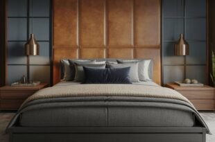 Stylish masculine luxury bedroom featuring a padded leather headboard, dark gray bedding with layered pillows, warm wood nightstands, bronze pendant lights, and a modern portrait with a tall houseplant.
