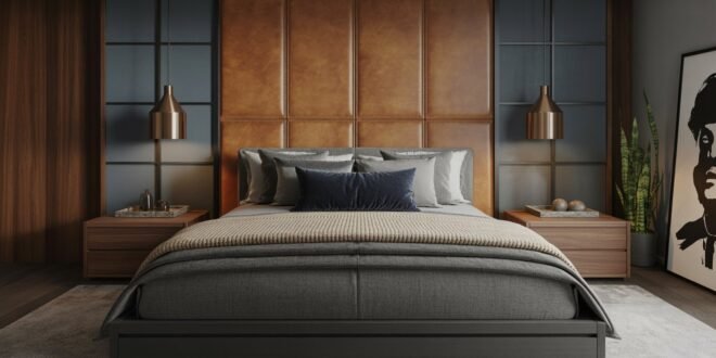 Stylish masculine luxury bedroom featuring a padded leather headboard, dark gray bedding with layered pillows, warm wood nightstands, bronze pendant lights, and a modern portrait with a tall houseplant.