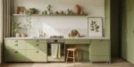 Contemporary Sage Green Kitchen with flat-panel cabinets, white countertops, and minimalist decor including plants and neutral-toned ceramics on open shelving.