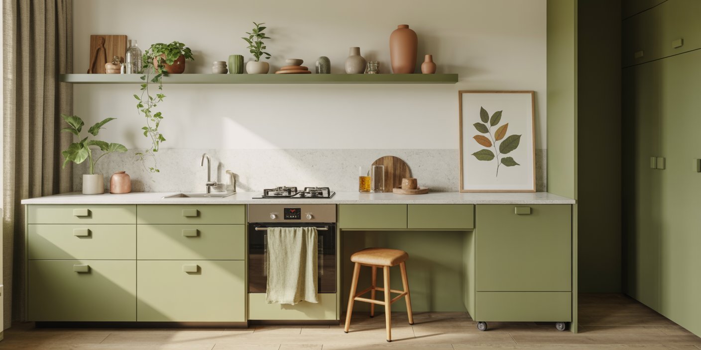 Contemporary Sage Green Kitchen with flat-panel cabinets, white countertops, and minimalist decor including plants and neutral-toned ceramics on open shelving.