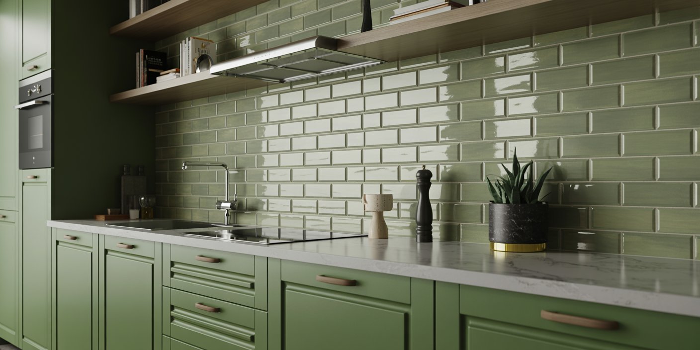 Modern kitchen featuring matte green kitchen cabinets, a white marble countertop, and glossy sage green subway tile backsplash, accented with minimalist shelving and black-and-gold decor.