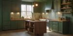A spacious Green-Themed Kitchen with matte dark green cabinetry, wood countertops, brass hardware, and a central wood island, illuminated by warm pendant lighting and under-cabinet lights.