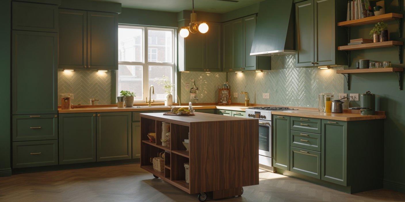 A spacious Green-Themed Kitchen with matte dark green cabinetry, wood countertops, brass hardware, and a central wood island, illuminated by warm pendant lighting and under-cabinet lights.
