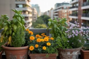A vibrant balcony display with potted basil, marigolds, herbs, and flowering plants arranged on a railing, showcasing a colorful example of Balcony & Terrace Gardening in an urban apartment setting.