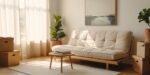 Bright living room with a minimalist design, featuring a beige futon sofa, coffee table with books, potted plants, moving boxes, and soft natural light through sheer curtains—ideal for First Apartment Planning.