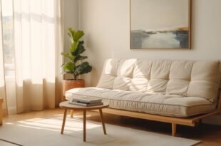Bright living room with a minimalist design, featuring a beige futon sofa, coffee table with books, potted plants, moving boxes, and soft natural light through sheer curtains—ideal for First Apartment Planning.