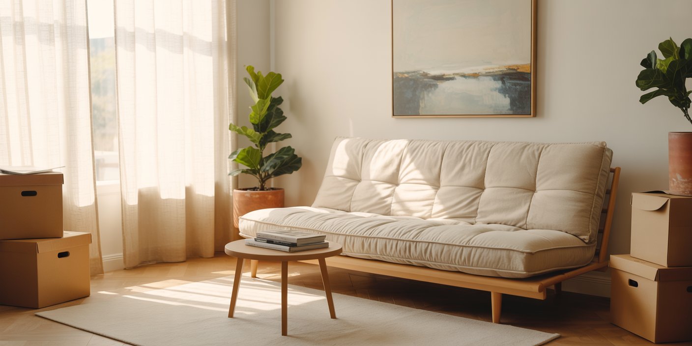 Bright living room with a minimalist design, featuring a beige futon sofa, coffee table with books, potted plants, moving boxes, and soft natural light through sheer curtains—ideal for First Apartment Planning.