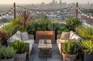 Rooftop lounge filled with lush greenery and string lights, featuring cozy wicker seating and a sign reading “Urban Oasis,” showcasing stylish terrace garden ideas with a city skyline in the background.