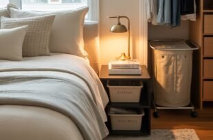 Cozy bedroom setup featuring a neatly made bed with soft neutral-toned pillows, a nightstand with a reading lamp and books, and an open closet area with a laundry hamper—ideal inspiration for bedroom essentials for first apartment.