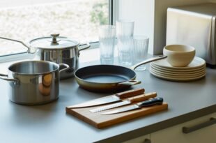A countertop set near a window with kitchen essentials for a first apartment, including a saucepan, stockpot, skillet, cutting board with three knives, stacked plates and bowls, drinking glasses, and a toaster oven.