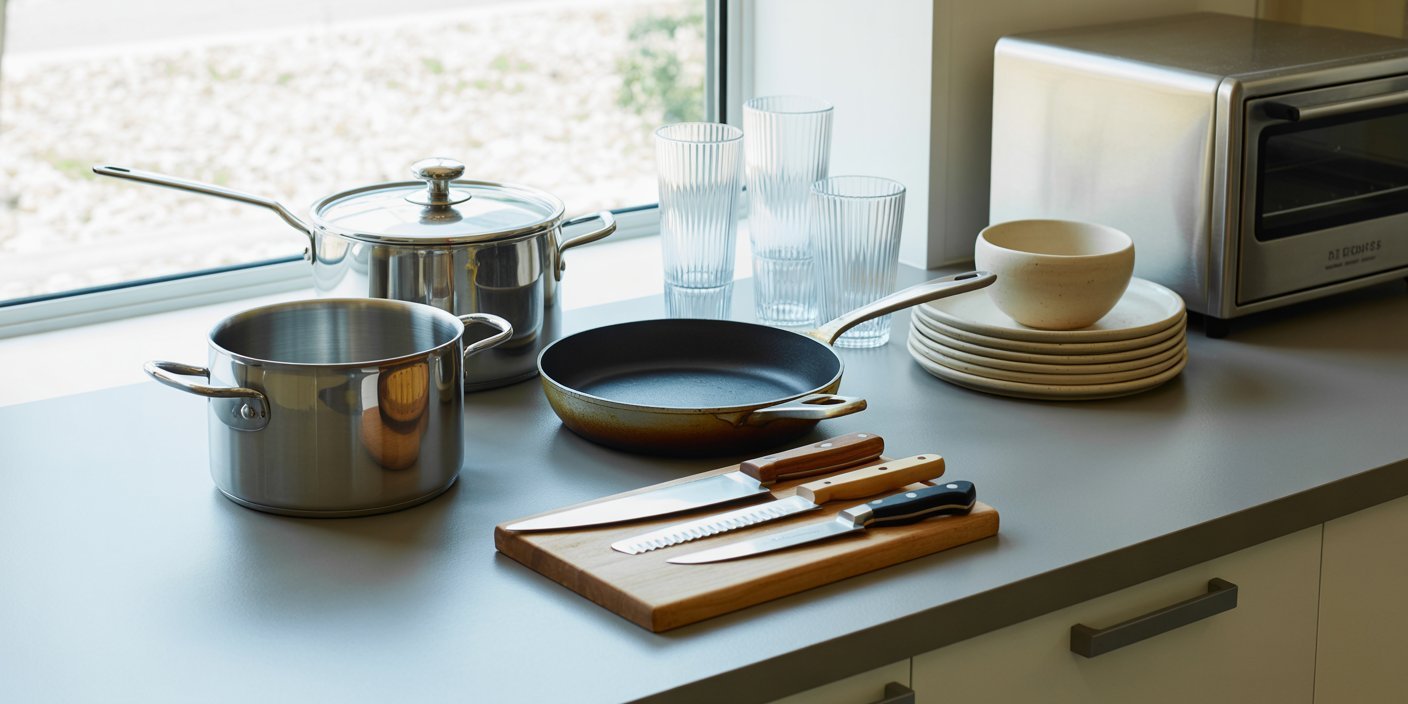A countertop set near a window with kitchen essentials for a first apartment, including a saucepan, stockpot, skillet, cutting board with three knives, stacked plates and bowls, drinking glasses, and a toaster oven.