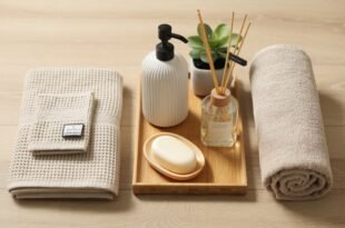Neatly arranged bathroom essentials on a wooden surface, including a folded towel set, a rolled towel, a white soap dispenser, a reed diffuser, a potted plant, and a bar of soap in a dish, ideal for First Apartment Planning.