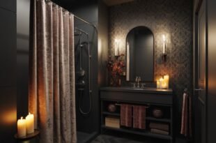Elegant bathroom with a dark, moody theme featuring matte black walls, a plush velvet shower curtain, vintage-style lighting, and warm candlelight, blending luxury with Gothic Bathroom Ideas.