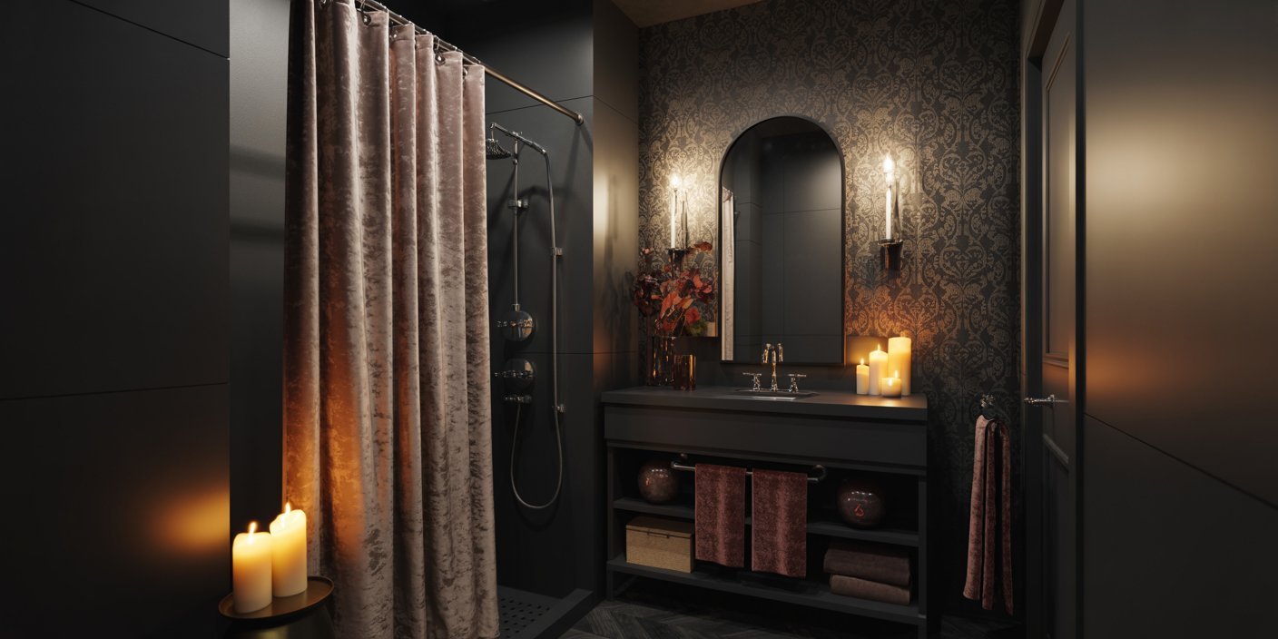 Elegant bathroom with a dark, moody theme featuring matte black walls, a plush velvet shower curtain, vintage-style lighting, and warm candlelight, blending luxury with Gothic Bathroom Ideas.
