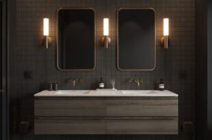 Modern double vanity with wood cabinetry, matte black tile walls, warm brass fixtures, and vertical light sconces, embodying a sleek Black Bathroom Ideas aesthetic.