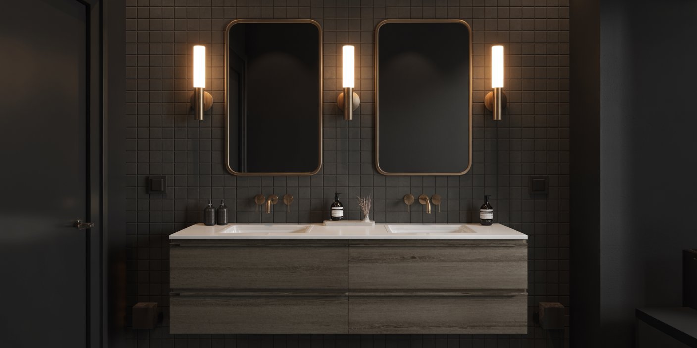 Modern double vanity with wood cabinetry, matte black tile walls, warm brass fixtures, and vertical light sconces, embodying a sleek Black Bathroom Ideas aesthetic.