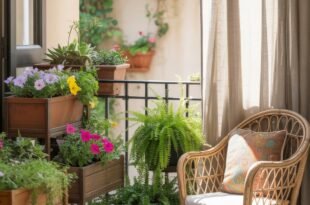 Cozy balcony nook featuring a rattan chair with a cushion, surrounded by vibrant flowering plants and lush ferns in wooden planters, offering serene inspiration for Balcony & Terrace Gardening.