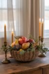 A woven basket filled with pomegranates, pears, figs, and greenery sits on a wooden table surrounded by brass candle holders with lit taper candles, creating a warm and elegant fall fruit centerpiece.