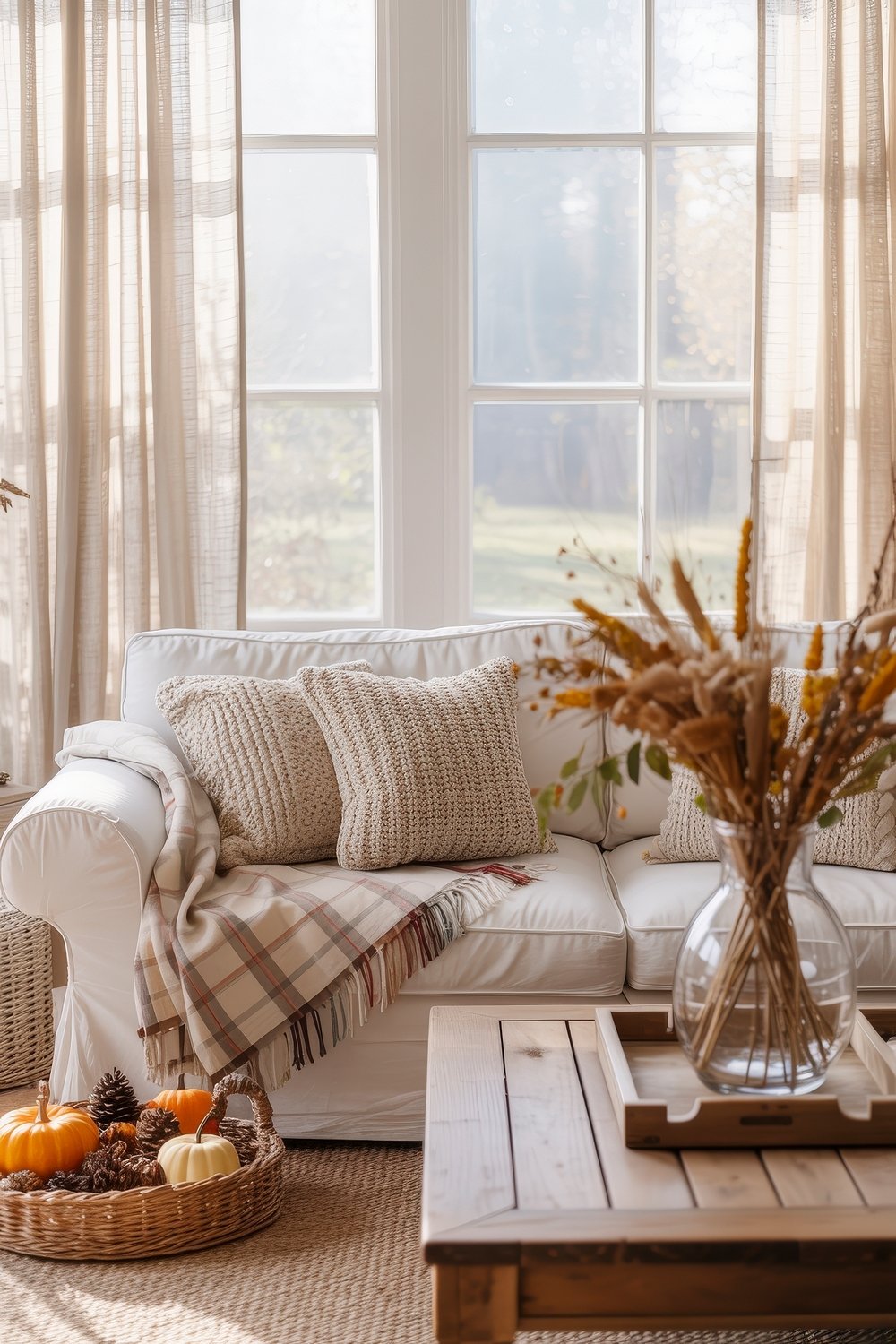 Cozy white sofa with knitted pillows, plaid throw, and fall decorations in a bright sunroom.