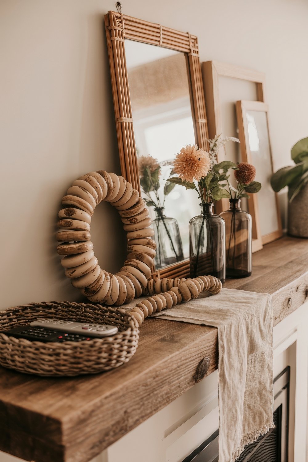 Rustic mantel with wooden mirror, vases of flowers, woven basket, and wooden beads creating a cozy summer mantel decor look.