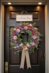 Dark front door with a vibrant floral wreath of pink and purple flowers, greenery, and a burlap bow under a “Welcome home” sign, perfect as summer décor.