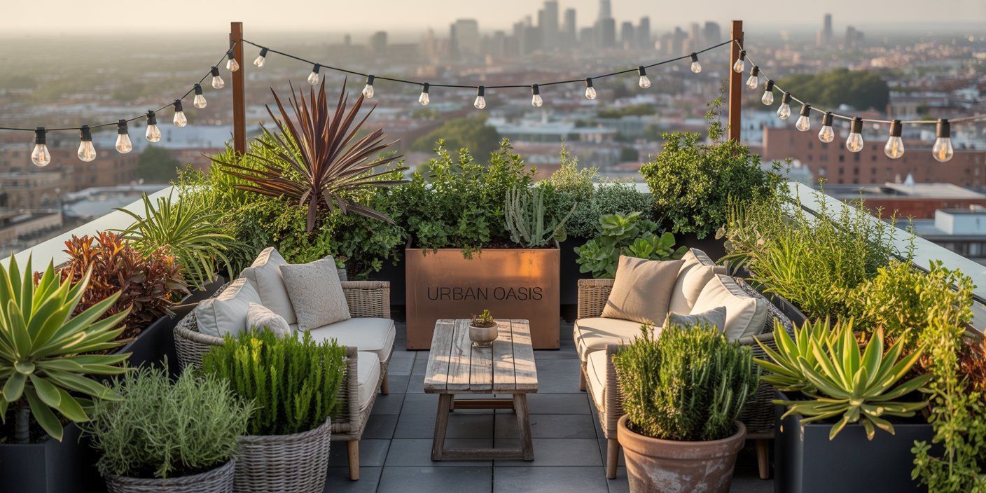 Rooftop lounge filled with lush greenery and string lights, featuring cozy wicker seating and a sign reading “Urban Oasis,” showcasing stylish terrace garden ideas with a city skyline in the background.