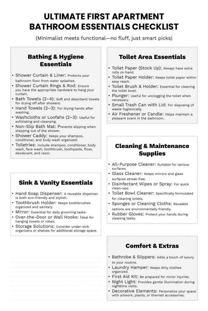 Bathroom Essentials for First Apartment: Genius Must-Haves 2 A printed bathroom essentials checklist titled "Ultimate First Apartment Bathroom Essentials Checklist" categorizing must-haves like hygiene items, toilet area tools, cleaning supplies, vanity accessories, and comfort extras.