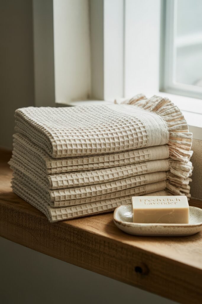 Bathroom Essentials for First Apartment: Genius Must-Haves 3 Stack of beige waffle-knit hand towels with ruffled edges placed on a wooden windowsill beside a dish holding a bar of lavender soap, suitable as bathroom essentials for first apartment.